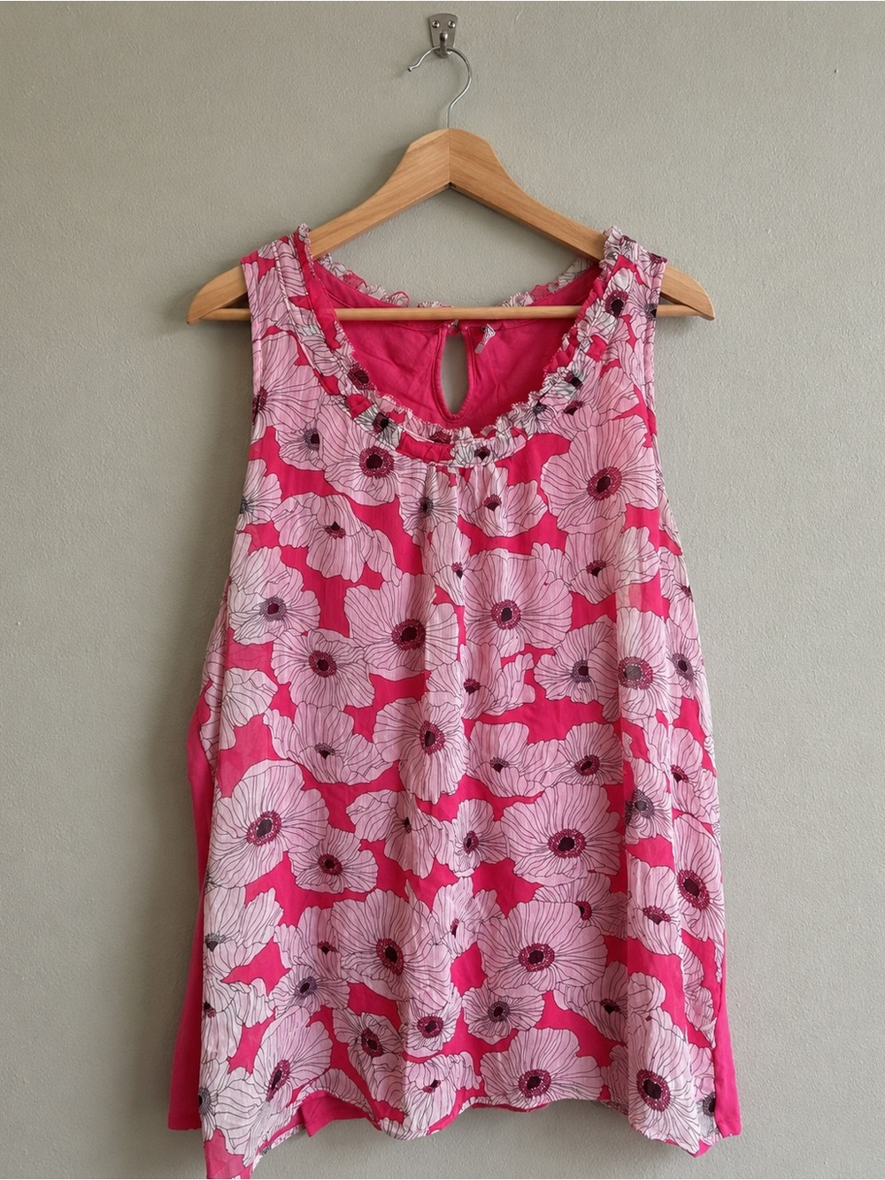 ELLE L Pink Floral Layered Chiffon Ruffle Neck Sleeveless Tunic Top
